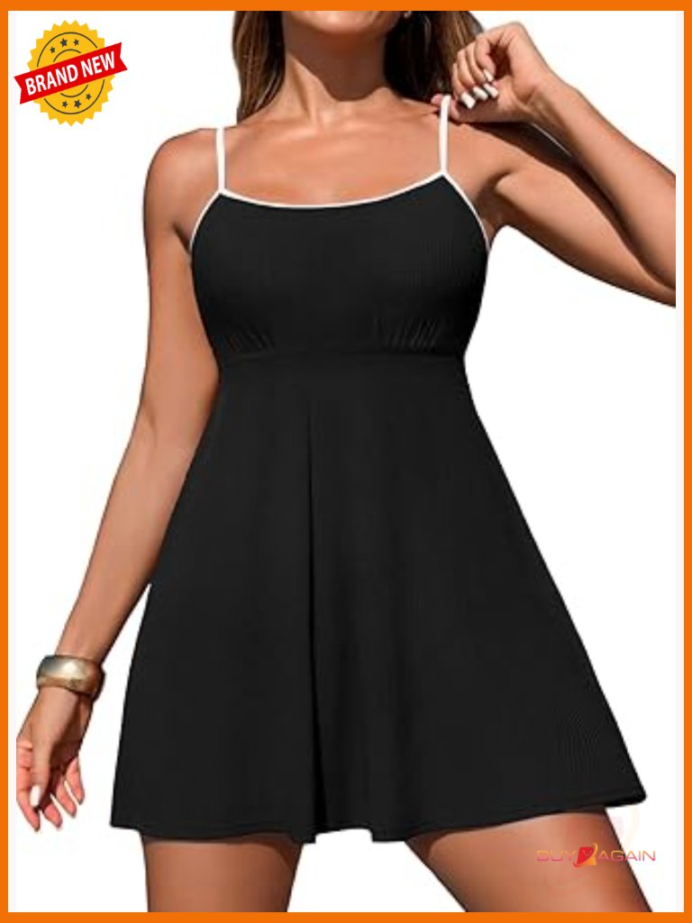Ribbed One Piece Swimdress With Pockets Tummy Control Adjustable Straps